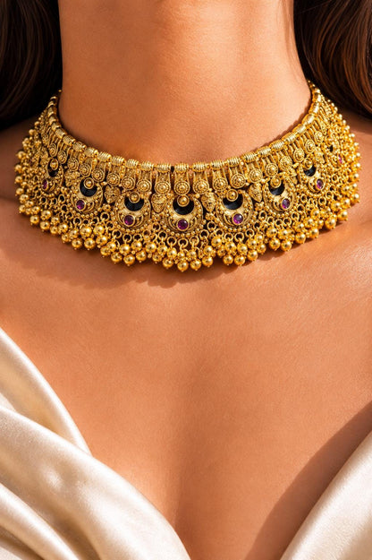 Indian Necklace Antique Gold Plated Bridal Choker South Indian Jewelry Temple Wedding Golden Set