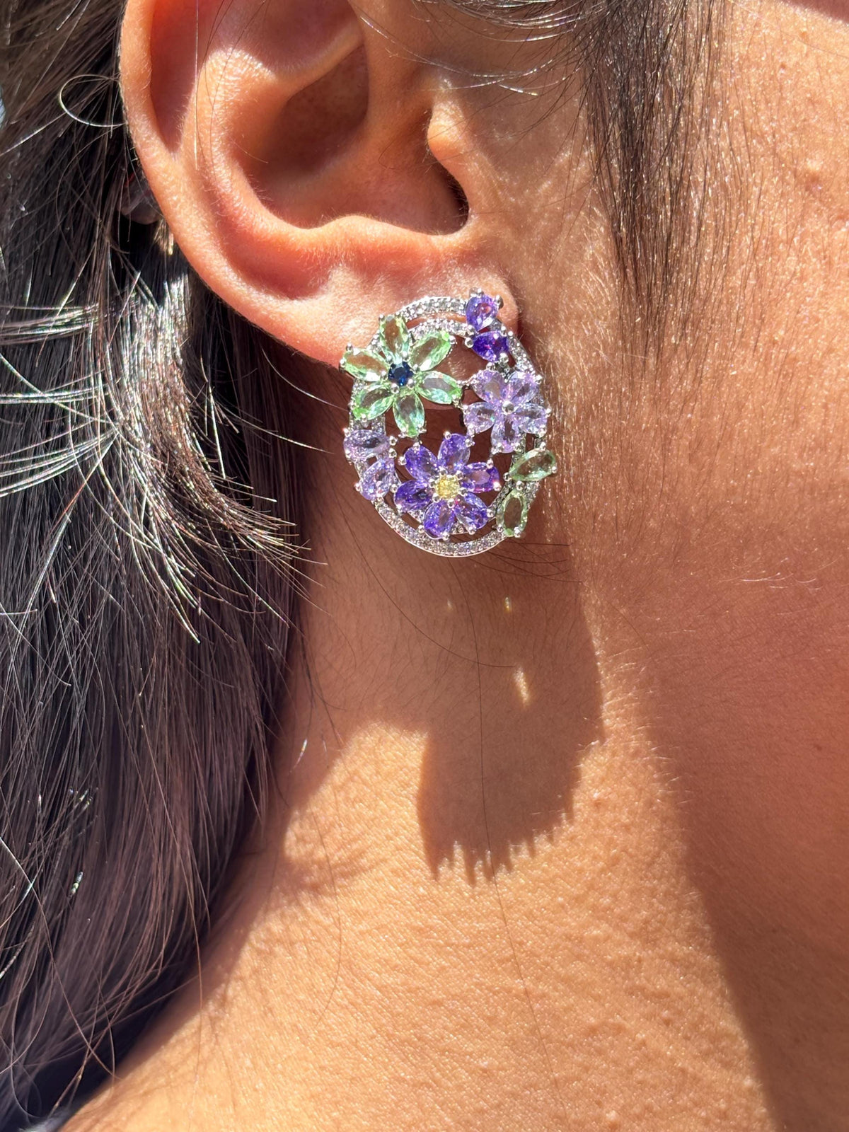 Large Purple Diamond Earrings Green Statement Studs Big Multicolor Mix Stone Lavender Stone Jewelry