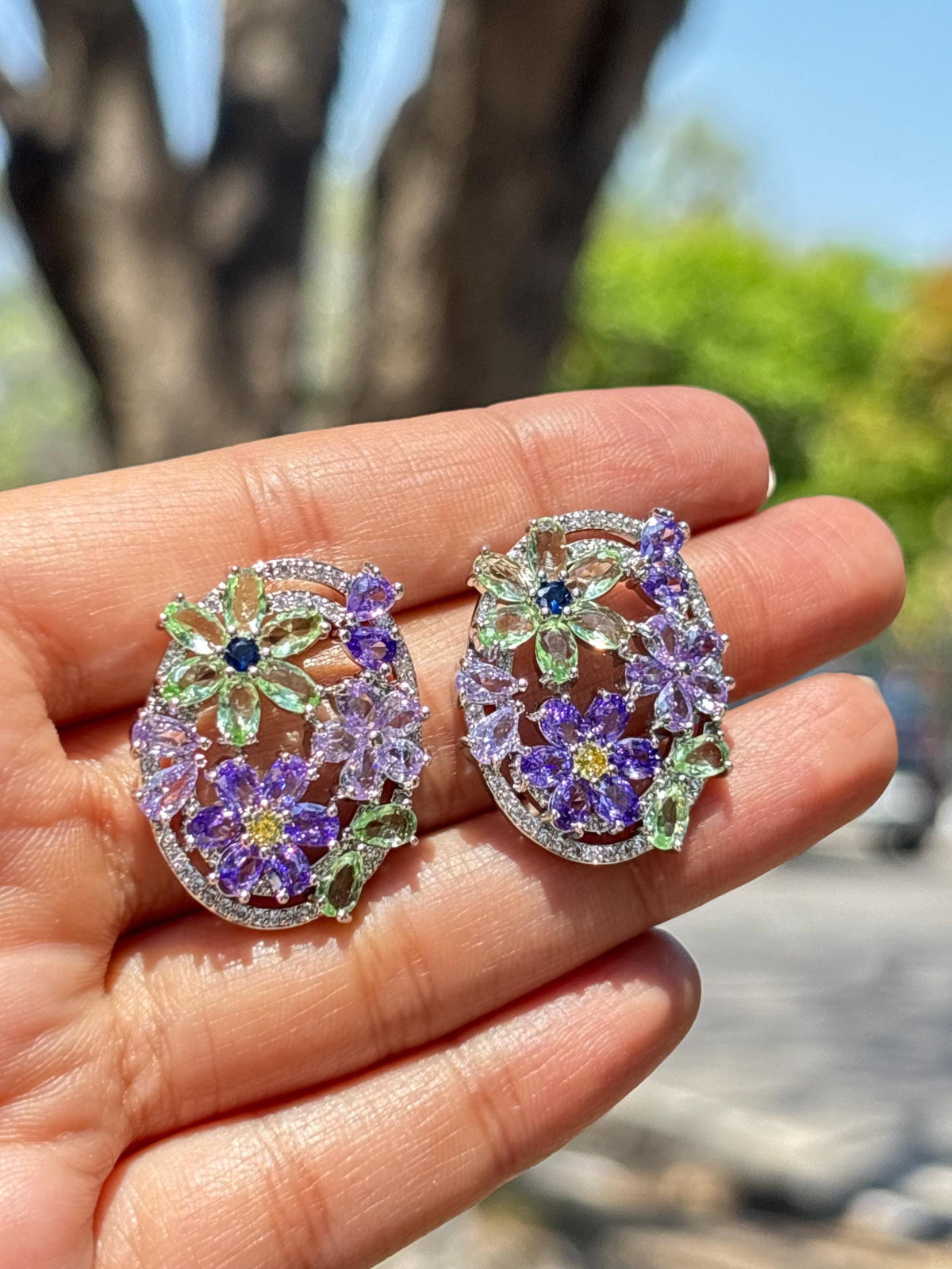 Large Purple Diamond Earrings Green Statement Studs Big Multicolor Mix Stone Lavender Stone Jewelry