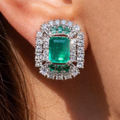Large Emerald Doublet Earrings Statement Studs Moissanite Diamond Green Paraiba Tourmaline Cubic Zirconia Jewelry