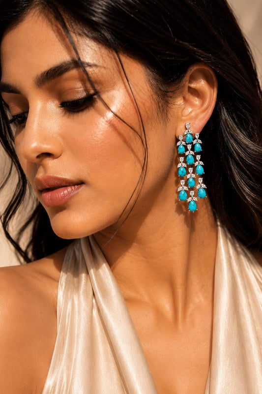 Large Turquoise Earrings Statement Big Chandelier Long Dangle Firoza Stone Moissanite Blue Gemstone Jewelry