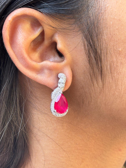 Ruby Diamond Earrings Moissanite Statement CZ Pink Sapphire Cubic Zirconia Dangle Deop Wedding Jewelry