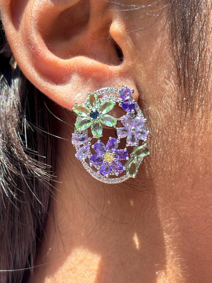 Large Purple Diamond Earrings Green Statement Studs Big Multicolor Mix Stone Lavender Stone Jewelry