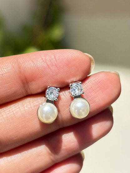 Pearl Diamond Earrings Small CZ Moissanite Cubic Zirconia White Pearl Bridesmaid Jewelry Wedding Gift