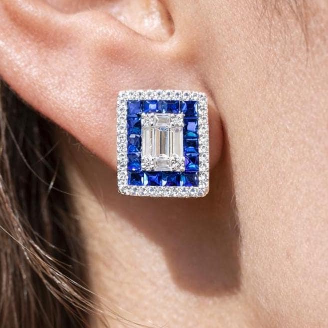 Sapphire Diamond Earrings Small Statement Studs Invisible Setting Moissanite Royal Blue Stone Jewelry Gift