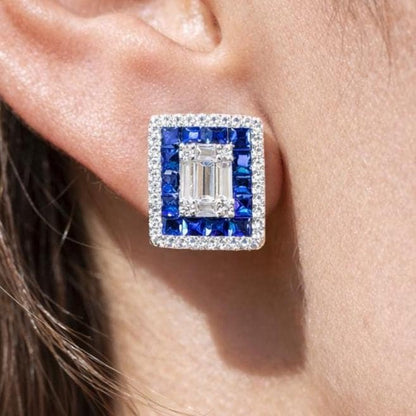 Sapphire Diamond Earrings Small Statement Studs Invisible Setting Moissanite Royal Blue Stone Jewelry Gift