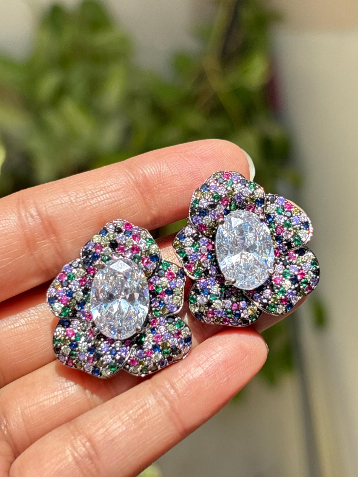 Multicolor Earrings Large Statement Studs Multi Stone CZ Moissanite Diamond Big Cocktail Designer Jewelry