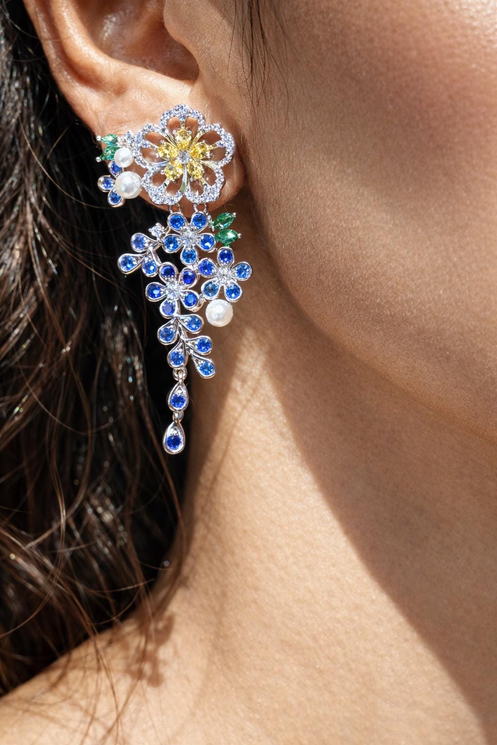 Sapphire Diamond Earrings Yellow CZ Jewelry Moissanite Statement Cubic Zirconia Blue Flower Hangings Wedding