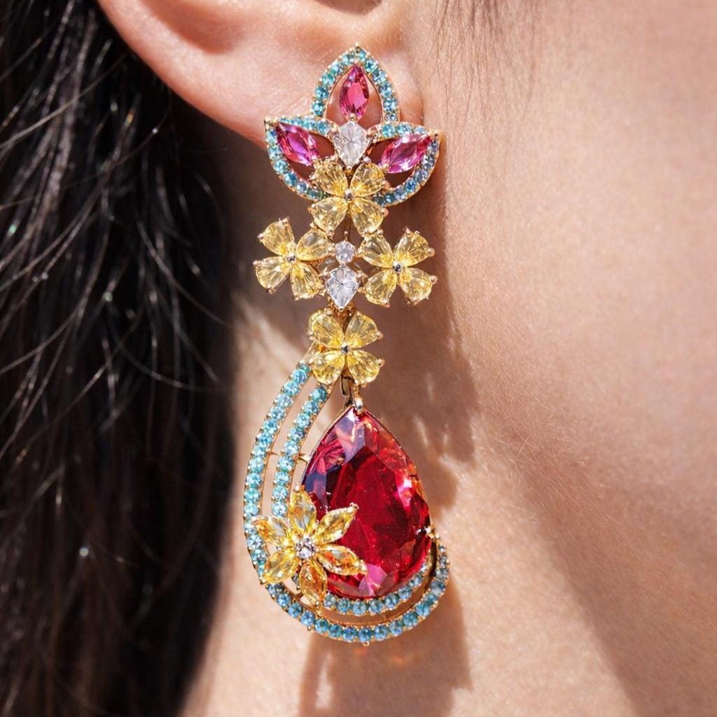 Red Diamond Earrings Turquoise Statement Chandelier Multicolor Ruby Stone Long  Moissanite Red Sapphire Jewelry