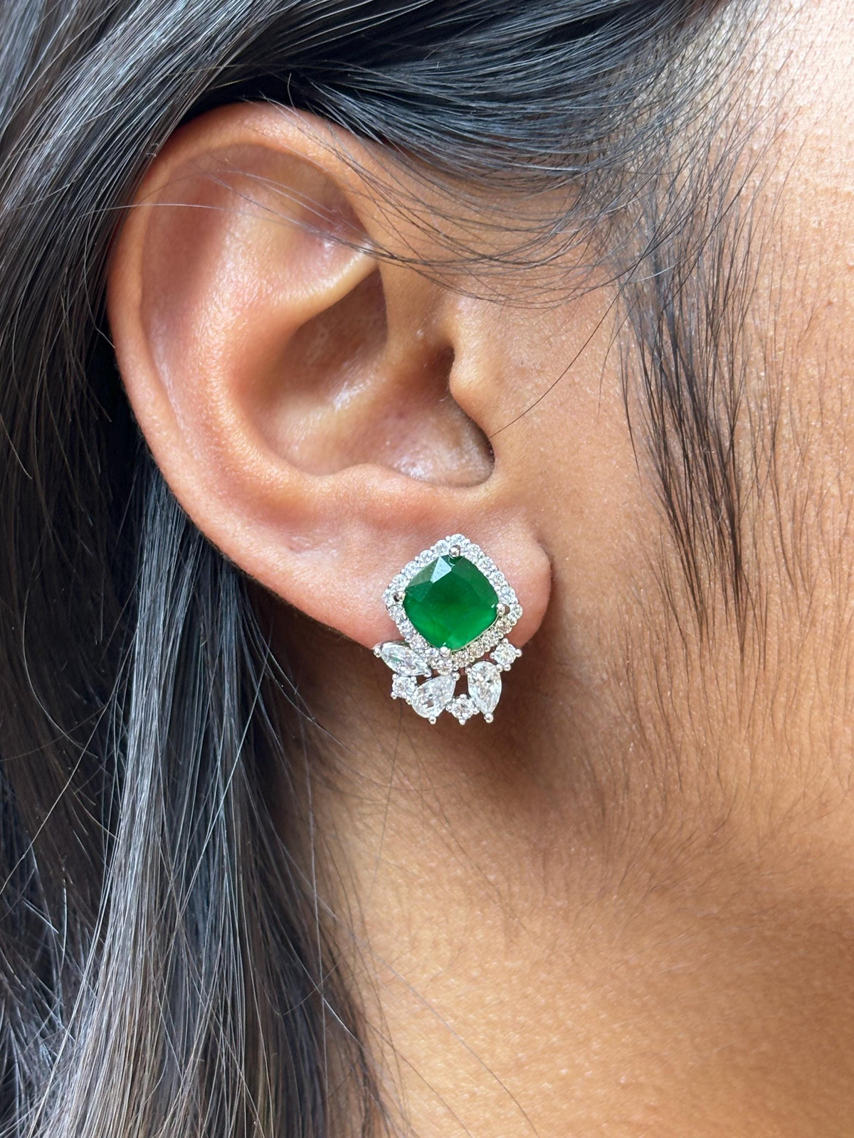 Green Paraiba Tourmaline Stud Earrings CZ Moissanite Emerald DOublet Stone Jewelry Everyday Gift Her