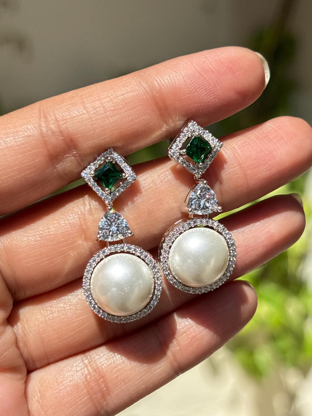 Pearl Emerald Earrings Moissanite Diamond Dangle Drop Statement Cubic Zirconia Green CZ Jewelry Wedding
