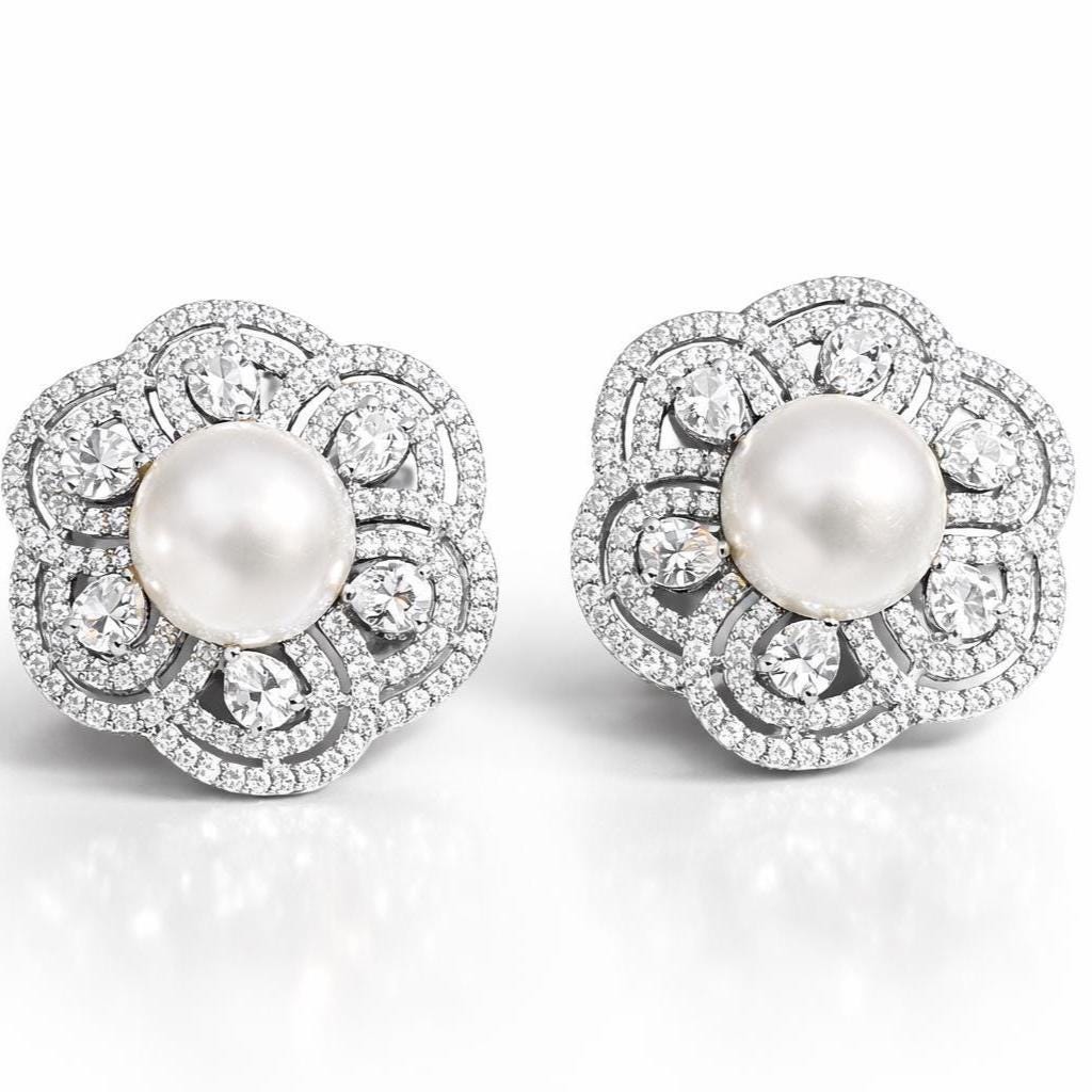 Large Pearl Stud Earrings Moissanite CZ Diamond Cubic Zirconia Big Huge Bride Wedding Gift