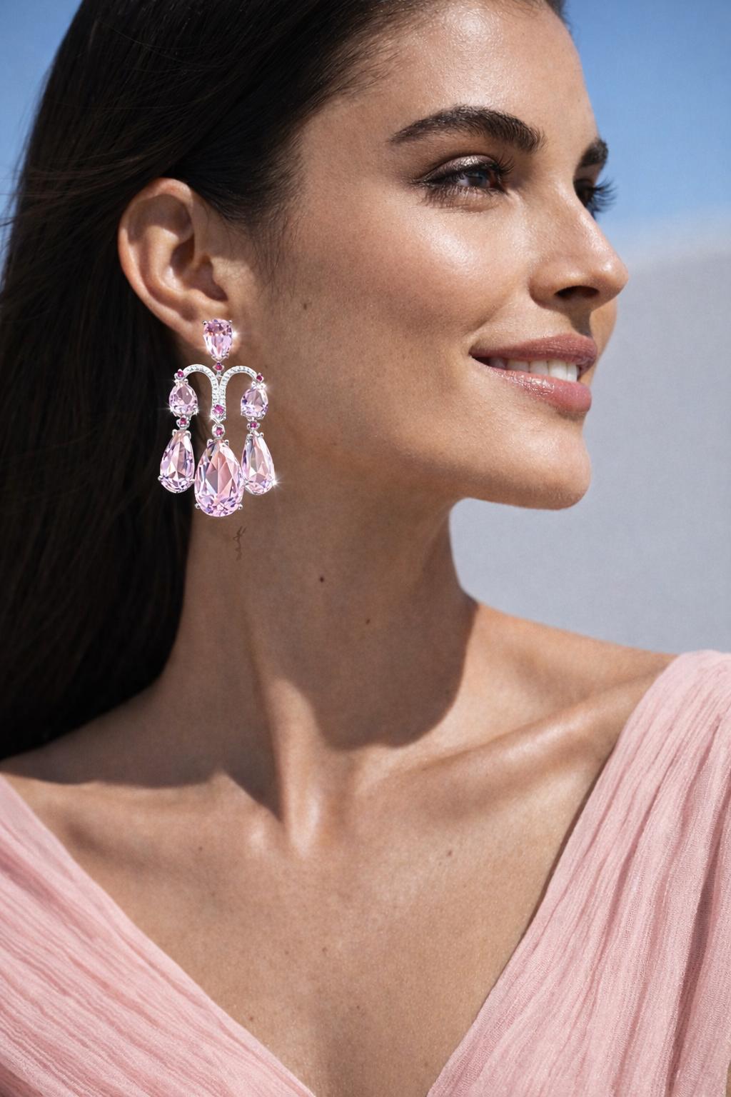 Pink Chandelier Earrings Moissanite Statement Teardrop Shape Pink Sapphire Large Dangle CZ Wedding Jewelry