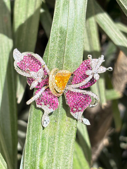 Large Ruby Brooch Butterfly Shape Moissanite Yellow Diamond Pink Sapphire Canary Stone Jewelry Designer