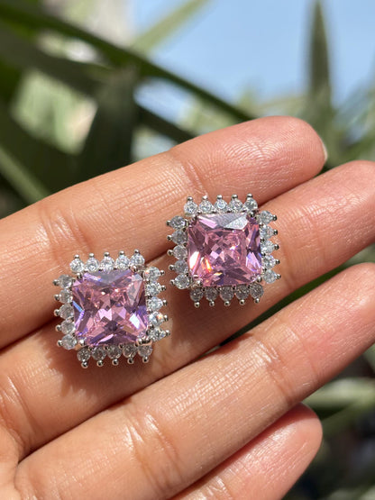 Pink Diamond Earrings Statement Small Studs Cubic Zirconia Moissanite CZ Pink Stone Jewelry Everyday