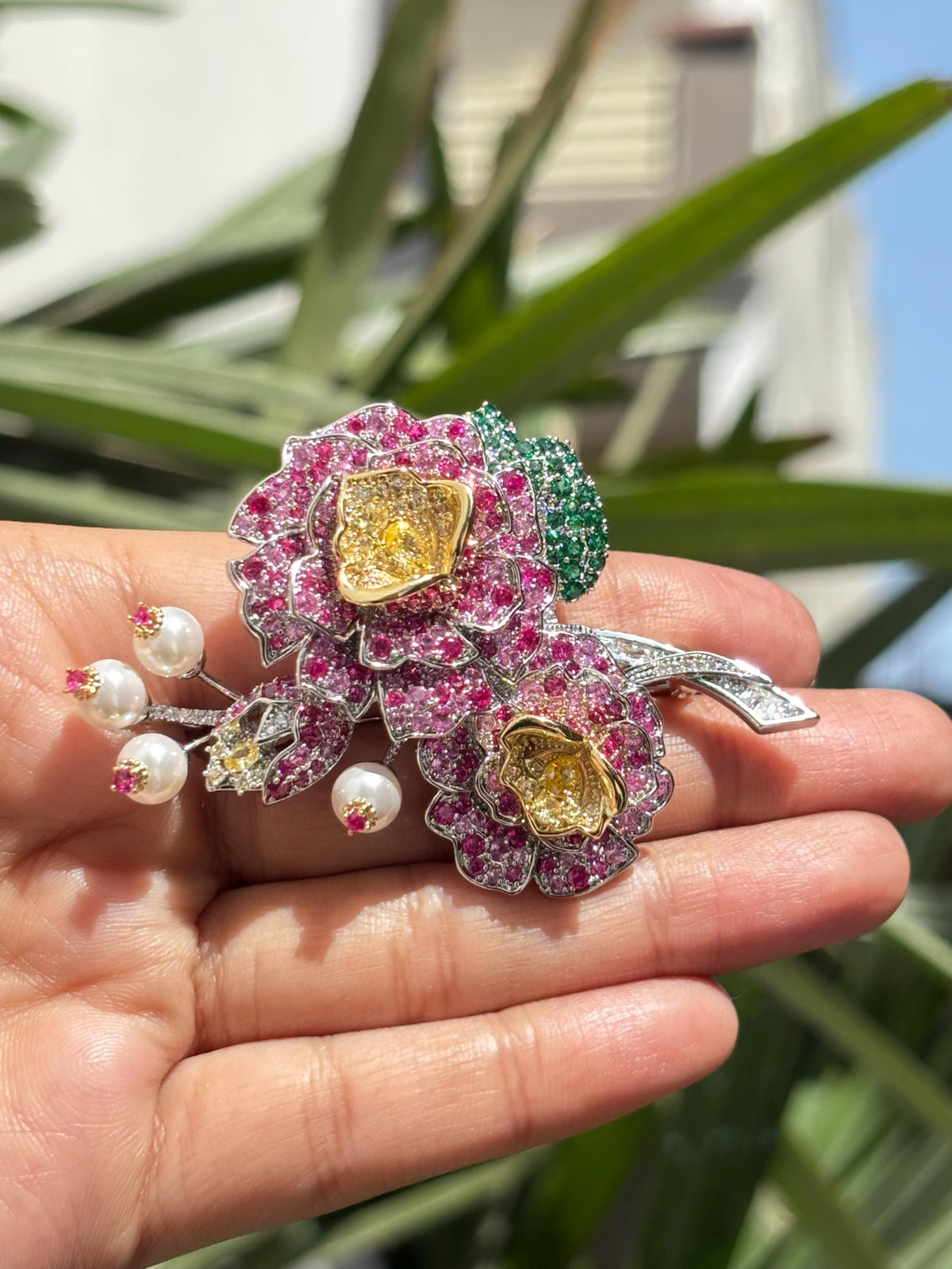 Large Flower Brooch Ruby Statement Pink Sapphire Cubic Zirconia Designer Brooch Moissanite Diamond Jewelry