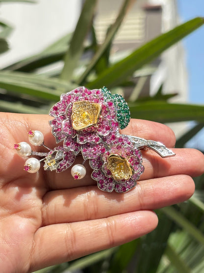 Large Flower Brooch Ruby Statement Pink Sapphire Cubic Zirconia Designer Brooch Moissanite Diamond Jewelry