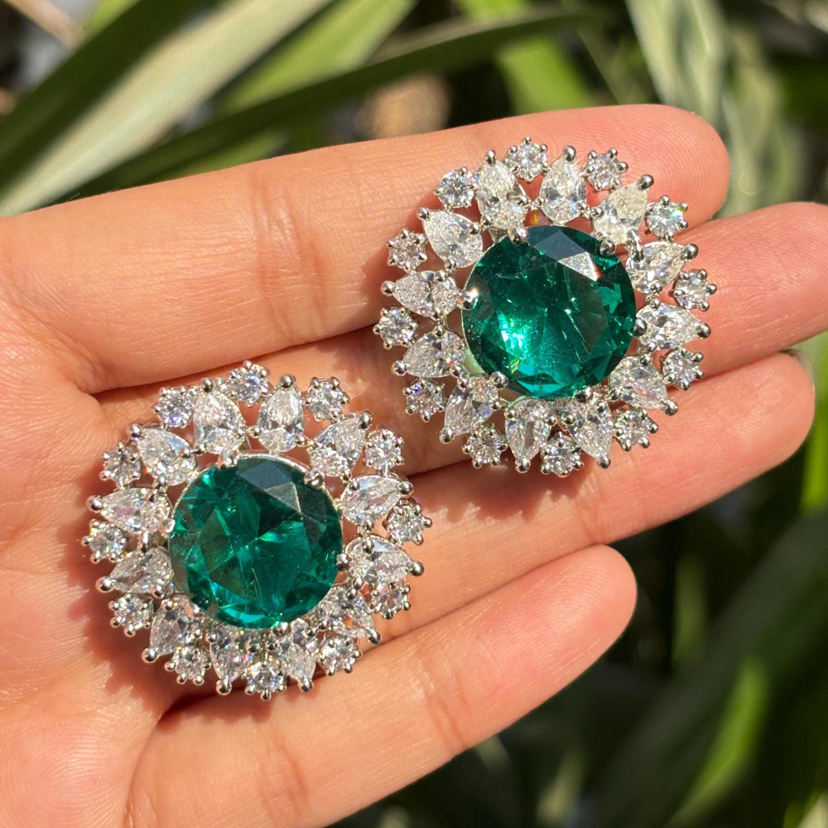 Teal Diamond Earrings Large Statement Studs Big Teal Green Stone Oversized Designer Jewelry Wedding