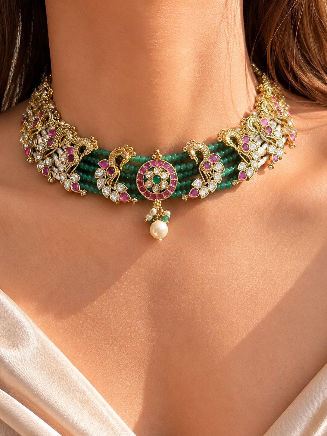 Polki Necklace Emerald Ruby Indian Jewelry Sabyasachi Inspired Peacock Green Choker Gold Bridal Choker