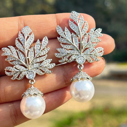Large Diamond And Pearl Earrings Leaf Shape Statement Chandelier Pearl Drop CZ Moissanite Jewelry