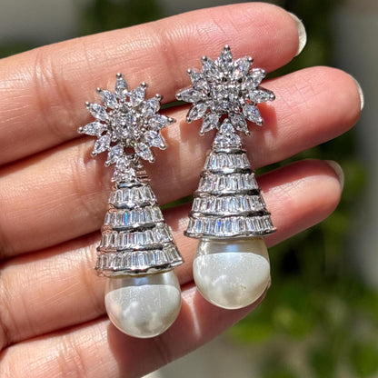 Moissanite Diamond Pearl Drop Earrings Statement Dangle Pearl Cubic Zirconia CZ Bride Wedding Jewelry