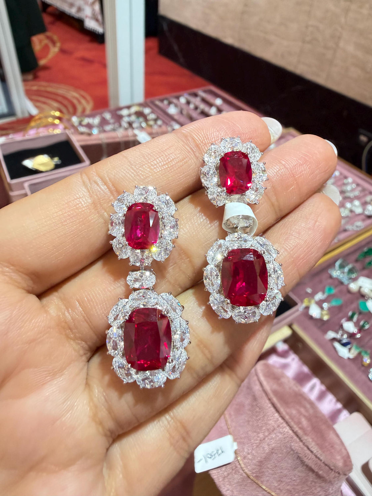 Ruby Diamond Earrings Chandelier Statement CZ Moissanite Red Sapphire Cocktail Party Jewelry Bride Wedding