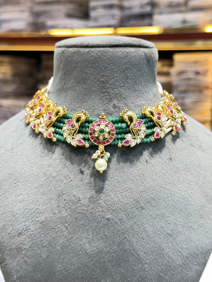 Polki Necklace Emerald Ruby Indian Jewelry Sabyasachi Inspired Peacock Green Choker Gold Bridal Choker