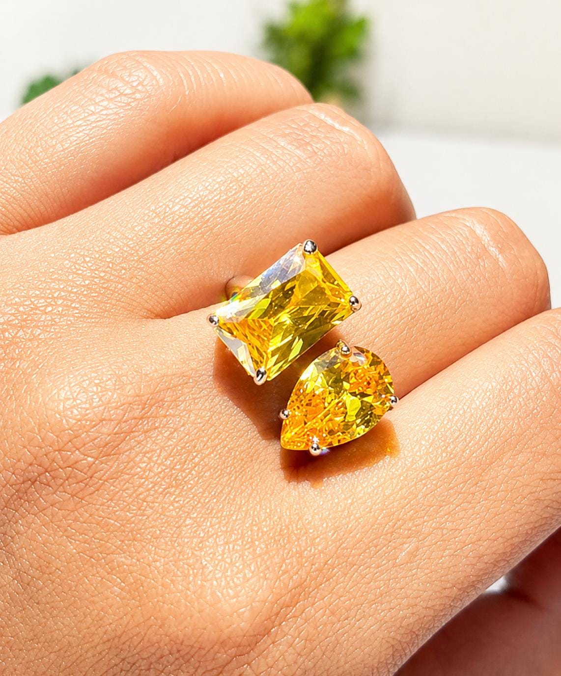 Yellow Diamond Ring Canary Moissanite Large Cocktail Two Stone Statement Jewelry Yellow Sapphire Rings