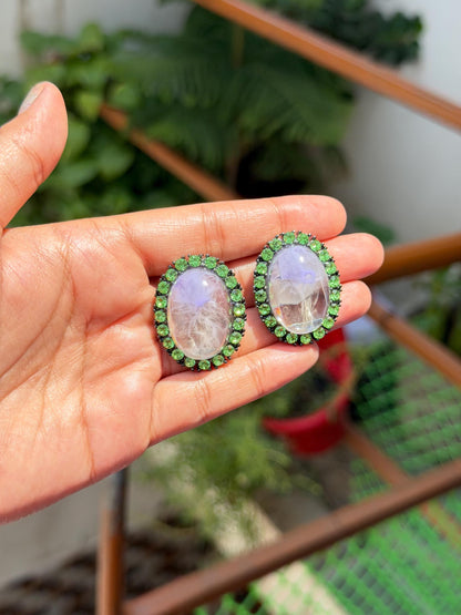 Large Purple Stone Earrings Green Diamond Statement Studs Oval Shape Designer Oversized Studs CZ