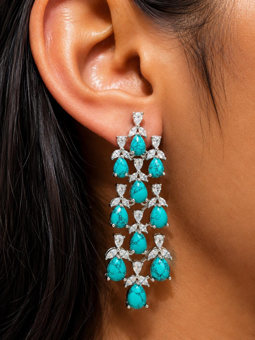 Large Turquoise Earrings Statement Big Chandelier Long Dangle Firoza Stone Moissanite Blue Gemstone Jewelry