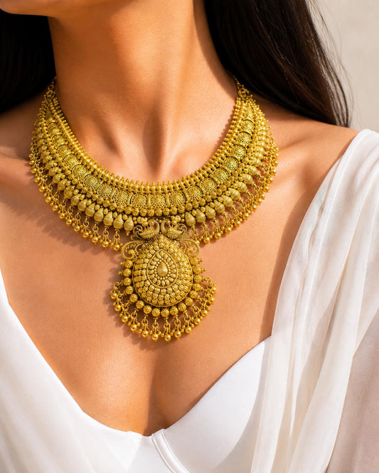 Indian Bridal Necklace Antique Jewelry Choker South India Jewelry Temple Gold Plated Traditional Set