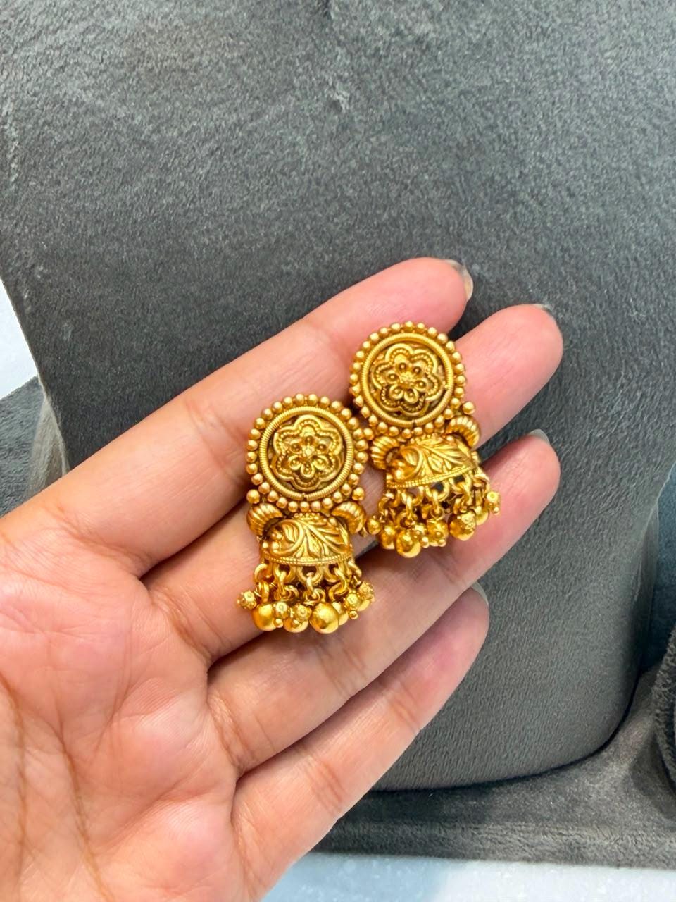 Indian Jewelry Gold Necklace Antique Gold Plated Bridal Choker South India Golden Temple Set