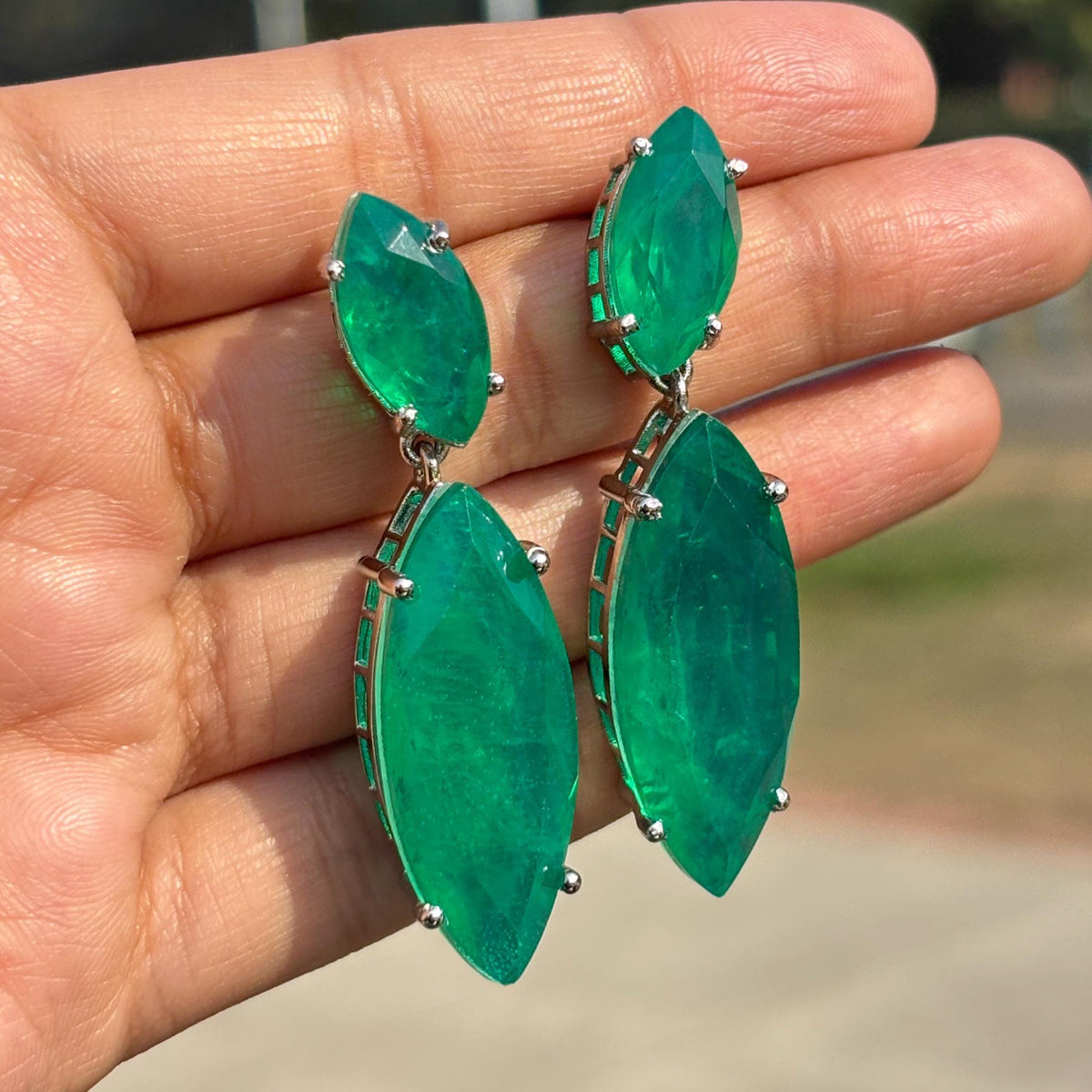 Large Emerald Doublet Earrings Long Dangle Statement Green Paraiba Tourmaline Stone Teardrop Cocktail Jewelry