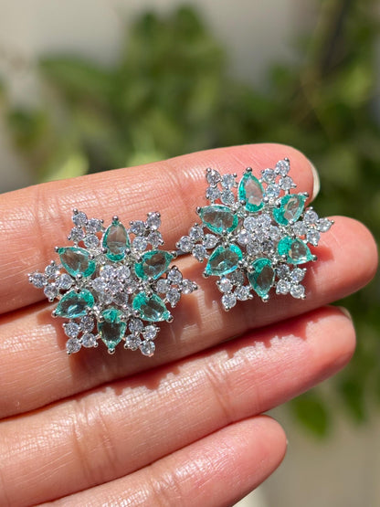 Mint Diamond Earrings Statement Studs Large Flower Shape Light Mint Sapphire Green Moissanite Jewelry