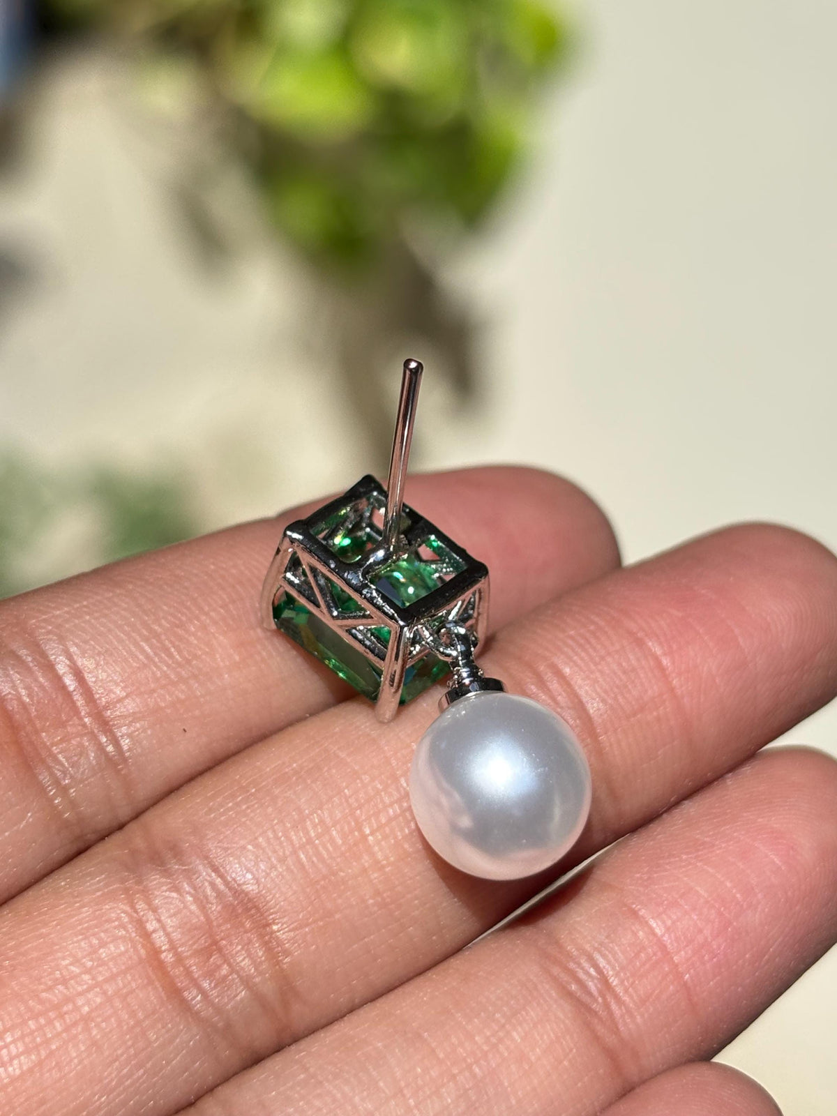 Vivid Green Diamond Earrings Statement Pearl Drop CZ Moissanite Light Green Stone Jewelry Wedding