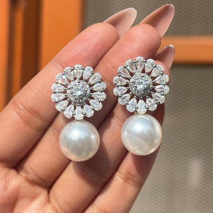 Moissanite Diamond Earrings Pearl Drop Statement Dangle Bride Wedding Cubic Zirconia CZ Wedding Jewelry