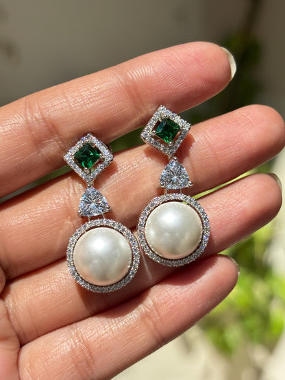 Pearl Emerald Earrings Moissanite Diamond Dangle Drop Statement Cubic Zirconia Green CZ Jewelry Wedding