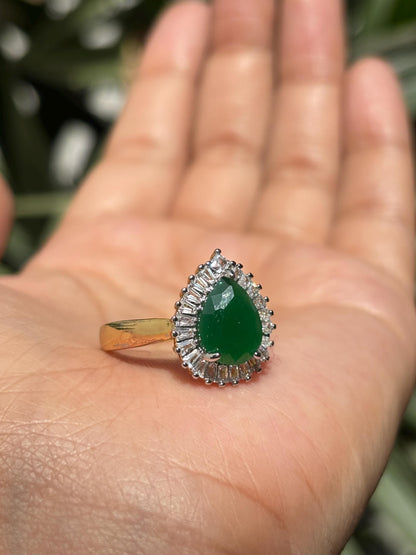 Emerald Diamond Ring Pearl Shape Stone Statement Moissanite Engagement Green Gold Plated Jewelry Gift