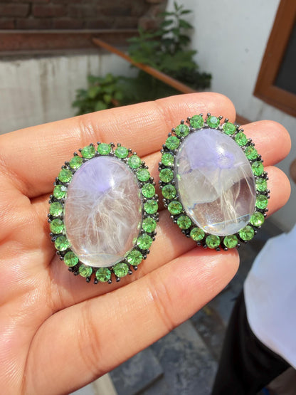 Large Purple Stone Earrings Green Diamond Statement Studs Oval Shape Designer Oversized Studs CZ