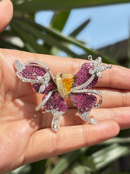 Large Ruby Brooch Butterfly Shape Moissanite Yellow Diamond Pink Sapphire Canary Stone Jewelry Designer