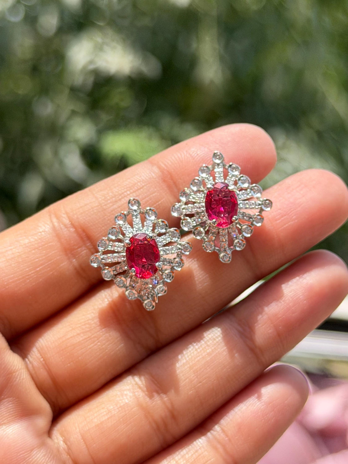 Ruby Diamond Earrings Statement Studs CZ Moissanite Small Red Stone Jewelry Birthday Gift Her