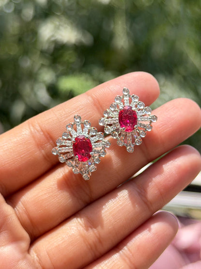 Ruby Diamond Earrings Statement Studs CZ Moissanite Small Red Stone Jewelry Birthday Gift Her