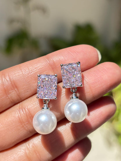 Pink Diamond Earrings Pearl Drop Statement Dangle Light Pink Sapphire Color Stone Jewelry Gift