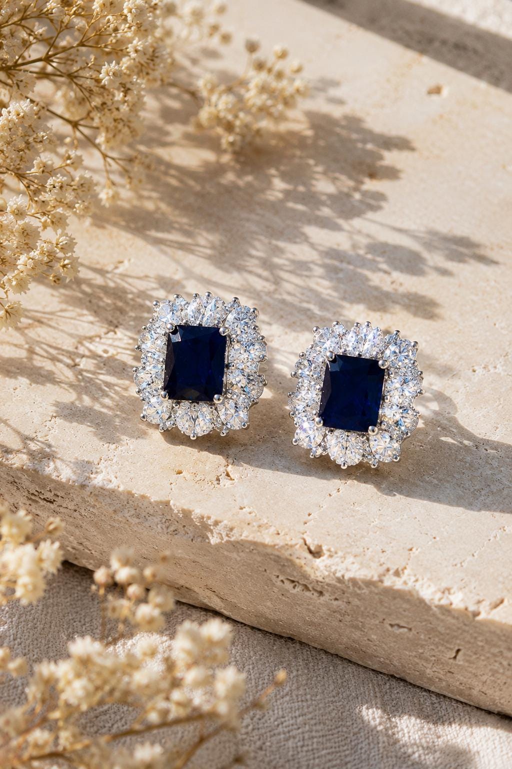 Sapphire Diamond Earrings Large Statement Studs Big Royal Blue Stone Jewelry Wedding Moissanite CZ