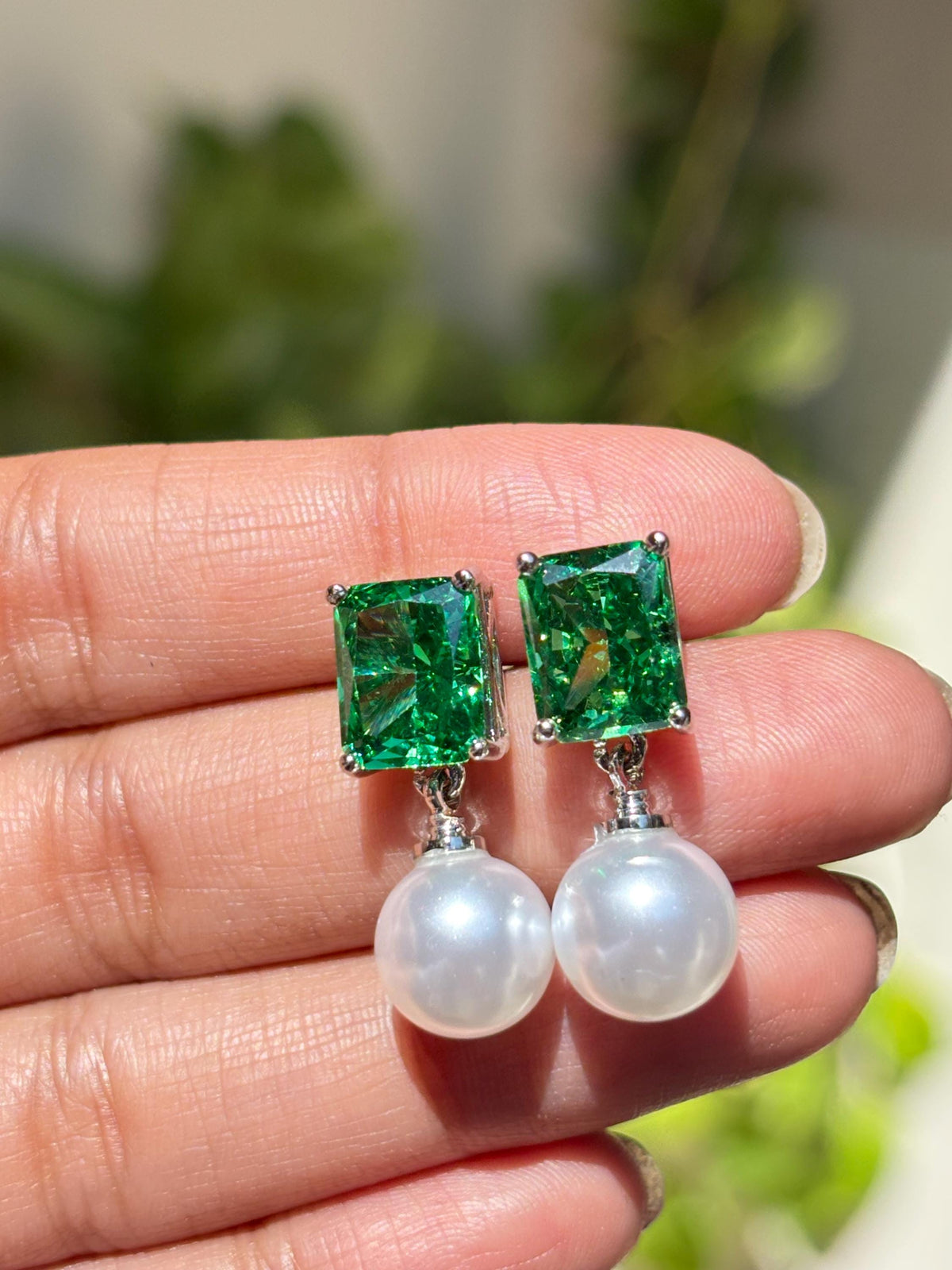 Vivid Green Diamond Earrings Statement Pearl Drop CZ Moissanite Light Green Stone Jewelry Wedding