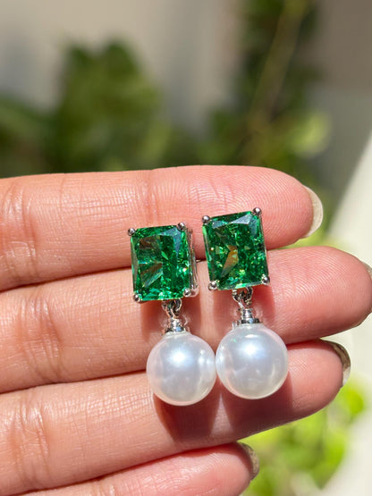 Vivid Green Diamond Earrings Statement Pearl Drop CZ Moissanite Light Green Stone Jewelry Wedding