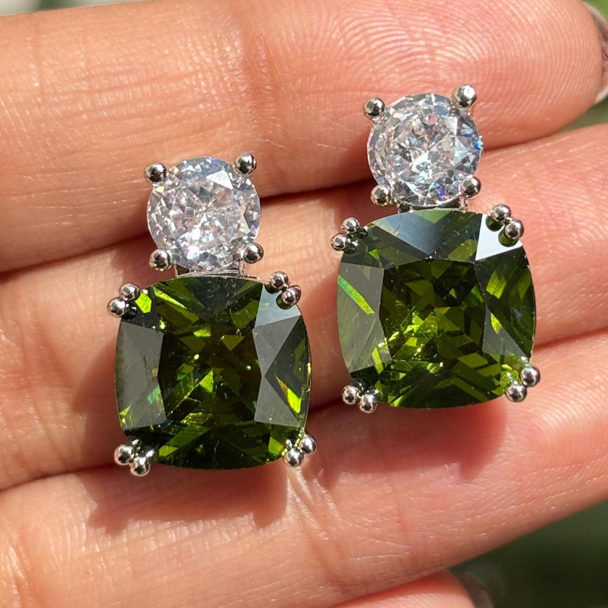 Peridot Earrings Small CZ Moissanite Diamond Green Stone Statement Designer Peridot Jewelry Gift Her