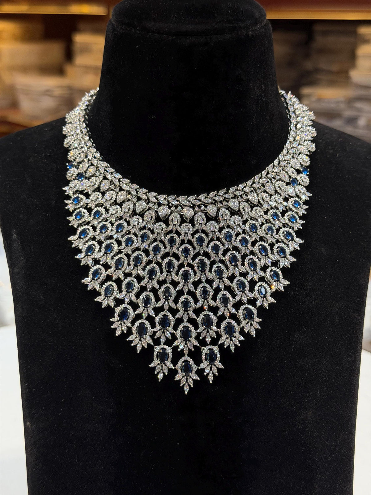 Sapphire Diamond Necklace Statement Indian Cubic Zirconia Blue Stone Jewelry American Diamond Bride Wedding