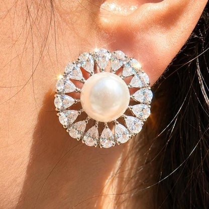 Large Pearl Earrings Cubic Zirconia CZ Moissanite Statement Studs Big Huge Everyday Style Wedding