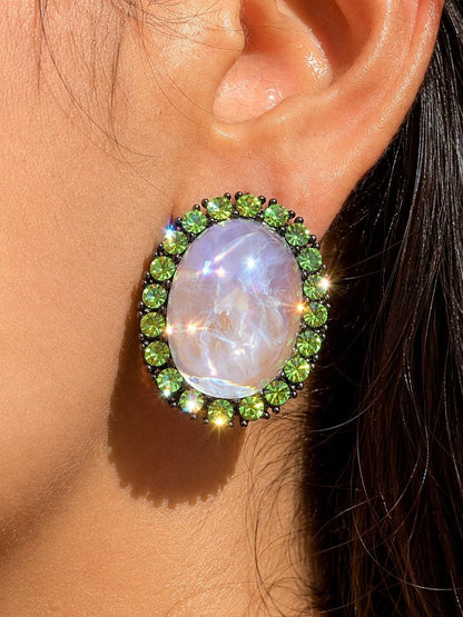 Large Purple Stone Earrings Green Diamond Statement Studs Oval Shape Designer Oversized Studs CZ